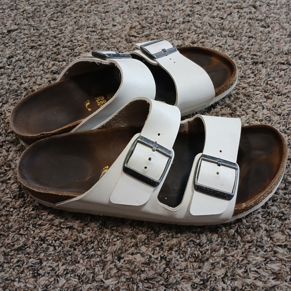 Birkenstock Arizona White Leather Double Buckle Slide Sandals Womens 8.5 EU 39